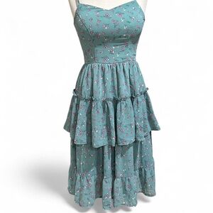 Blue Floral Ruffled Tiered Midi Sundress